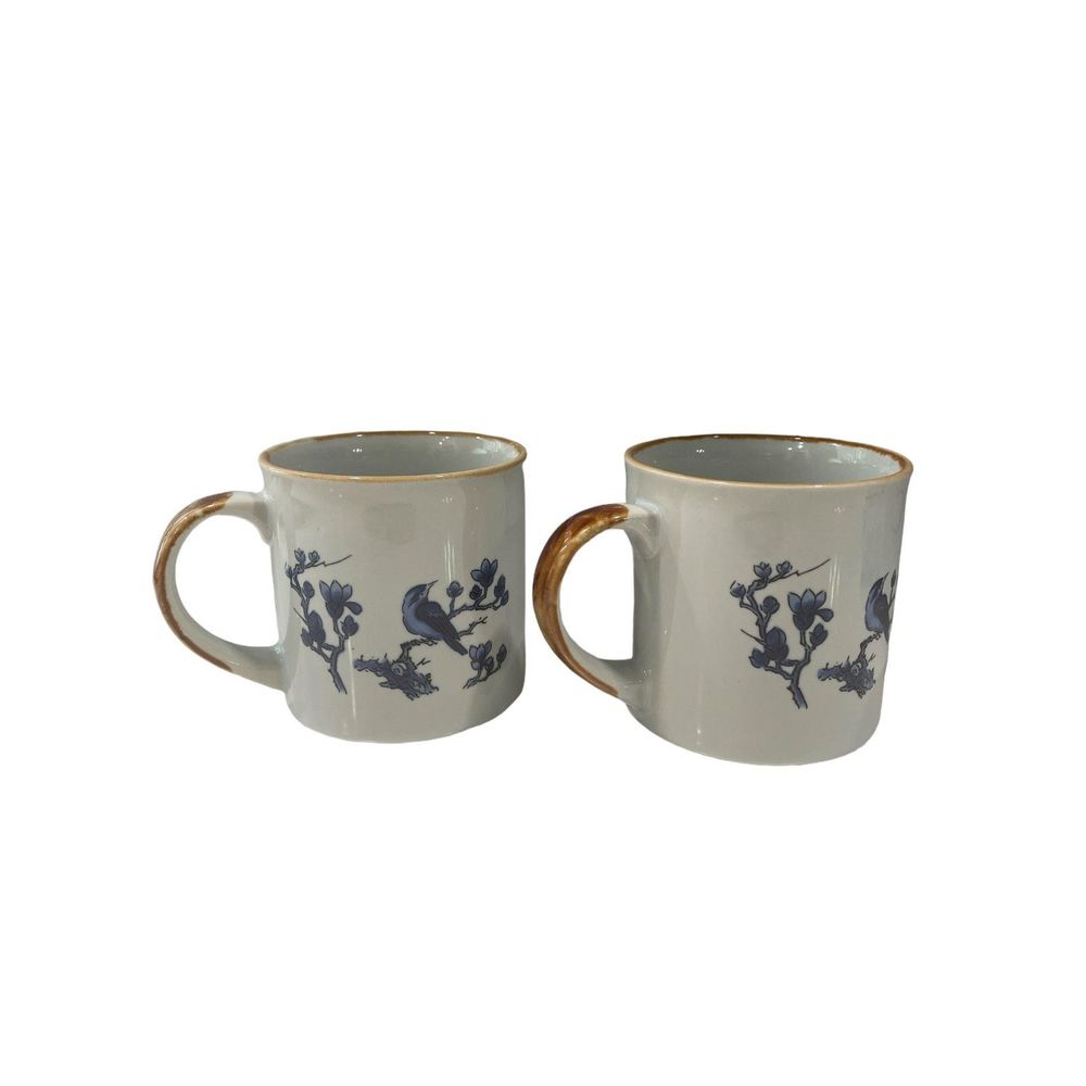 Vintage Otigari Blue Floral Birds Gray Brown Glazed Pair of Mugs 8 Oz Asian